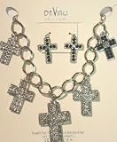 Sparkling Crystals Rhinestones Jades and Simulated Dark Pearls on Genuine Antique Silver Plated Gita Christmas Medium Chain Necklace with Cross Pendants and Earrings for Women and Teens