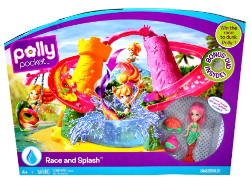 Mattel Year 2009 Polly Pocket Color Change Series Playset - Race and Splash with Polly Mermaid Doll, 2 Cutants (Turpetal and Inflata-fish) Plus Bonus DVD