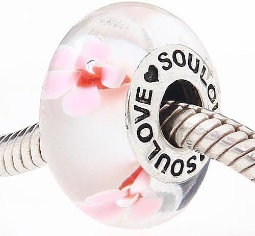 Hoobeads Cherry Blossom Murano Glass Charm Bead with Solid Sterling Silver Threaded Core Stamped 925 Fits Pandora Chamilia Biagi Troll Beads Europen Style Bracelets
