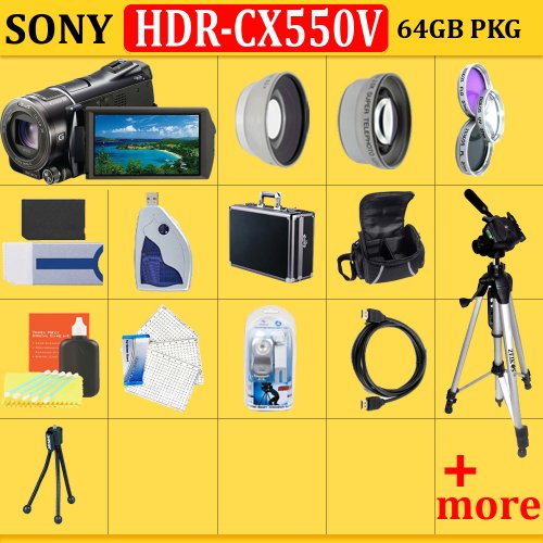 Sony HDR-CX550V 64GB HD Handycam Camcorder + HUGE ACCESSORIES PACKAGE INCLUDING WIDE ANGLE MACRO LENS + 2X TELEPHOTO + 3 PC FILTER KIT + 4GB PRO DUO MEMORY CARD + 2x EXTENDED LIFE BATTERIES + 2 CARRYING CASES + TRIPOD And MUCH MORE !!.