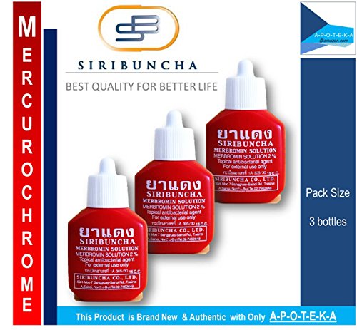 Mercurichrome Siribuncha 2% Merbromin Solution (Pack Size 0.5 Fl Oz X 3 Squeeze Bottle) Topical Antibacterial Agent That Safe to Skin with Effective for First Aid to Clean Would in Hospitals, Nursing Homes, Veterinary Clinics and Farm