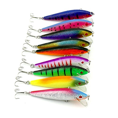 Hengjia 9pcs/lot Saltwater/freshwater Plastic Deep Diver Sinking Lure 3d Eyes 9 Colors Fishing Bait Laser Minnow Fishing Lures with Two VMC Treble Hooks 9cm 10g