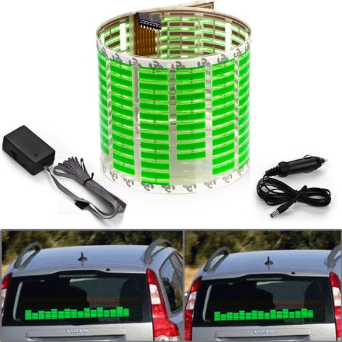 1 X 45x11cm DC 12V Sound Sensitive Music Beat Activated Car Sticker Equalizer Glow Green LED Light with Car Cigarette Charger Universal Decoration