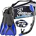 Seavenger Advanced Snorkeling Set with Panoramic Mask, Trek Fins, Dry Top Snorkel & Gear Bag (Black Silicone/Blue, Large)