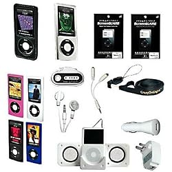 iPod nano 5G Accessories. Premium Essential Accessory Bundle for iPod Nano 5th Generation 5G: Leather Case + Hard Grade A Crystal Case + FM Transmitter with Car Charger + Portable Foldable Speaker + Black Silicon Skin Case + Blue Silicon Skin Case + Pink Silicon Skin Case + Clear Silicon Skin Case + 2x Clear Skin Protector + USB Car Auto Charger + USB Home Wall Charger + 3.5mm earphone + Y-splitter + Crazyondigital ne