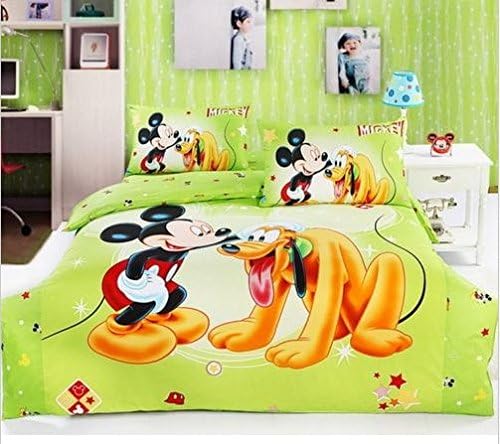 Mickey Mouse and Pluto- Greeen Yellow Beige Black- 4 Piece Queen Duvet Set - Cotton - 600 Thread Count