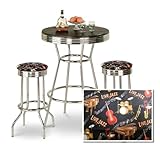 Chrome Bar Table & 2 Chrome Finish Jazz Instruments Fabric Seat Barstools