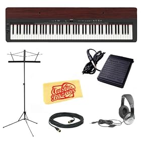 Yamaha P155 Digital Piano with Mahogany Top-Board Bundle with Sustain Pedal, Headphones, Music Stand, MIDI Cable, and Dust Cloth - Black: Musical Instruments