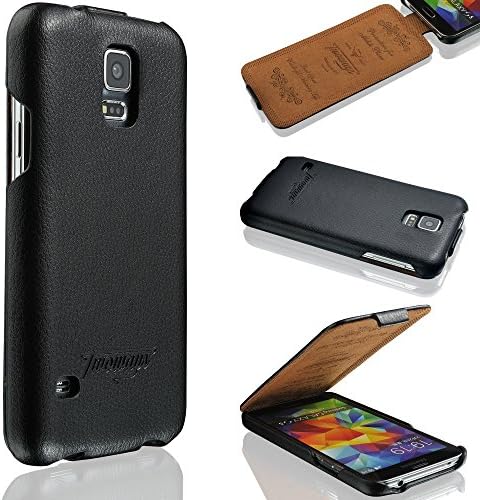Samsung Galaxy S5 Case - HANDMADE GENUINE LEATHER - Flip Cover Design - Protects Against Falls, Dirt, Dust, Water and Scratches - Offers Quick Access to Phone's Connectors and Control Elements - Black Case - Easy to Clean