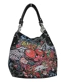 Marseille Black Canvas Tote Bag with Retro Skull Print 002 -- SwankySwans