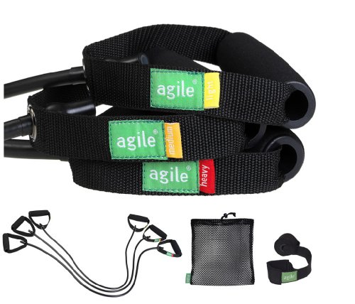 3pc Black-colored Resistance Band Set, Light, Medium, & Heavy with Deluxe Door Anchor and Mesh Travel Bag