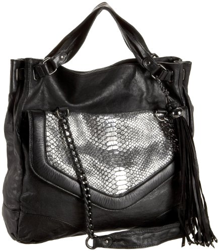 Nanette Lepore Handbags Contrast Cobra-Embossed Flap Tote,Black,one size