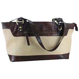 Gigi Chantaltrade Tan Woven Handbag with Brown Croco Trim