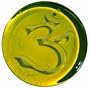 "Om" Sanskrit design - 5" dia Kiwi Green Art Glass Blessing. Freestanding keepsake.
