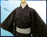 帯簡単　粋な男物男性刺子浴衣と結び角帯セットこげ茶地格子Ｍ・Ｌ・ＬＬ 浴衣 茶