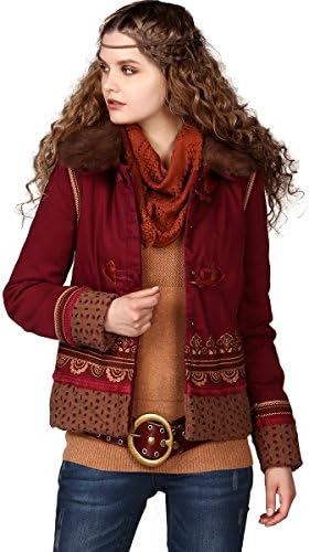 Artka Women's Winter Cony Hair Collar Perforated Patched Quilted Jacket,Wine,XL