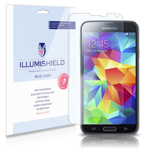 iLLumiShield - Samsung Galaxy S5 V (AT&T, Sprint, T-Mobile, Verizon, US Cellular, Boost Mobile) (HD) Blue Light UV Filter Screen Protector Premium High Definition Clear Film / Reduces Eye Fatigue and Eye Strain - Anti- Fingerprint / Anti-Bubble / Anti-Bacterial Shield - Comes With Free LifeTime Replacement Warranty - [2-Pack] Retail Packaging