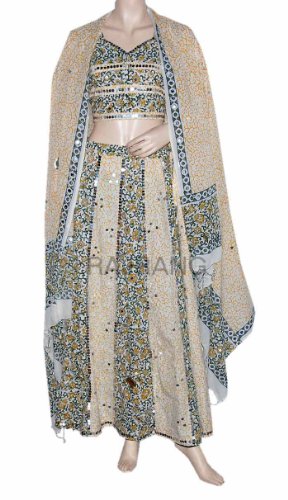 Traditional Designer Shells Work & Block Print for Ladies, Unique Design Creem & Yellow Boho Bohemian Lehnga Choli with Sequins, Mirrors, Shells Work & Block Print for Ladies Rajrang India