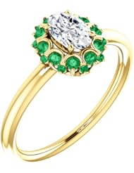 18K Yellow Gold Oval Cut Diamond and Emerald Flower Inspired Ring -- LIFETIME WARRANTY