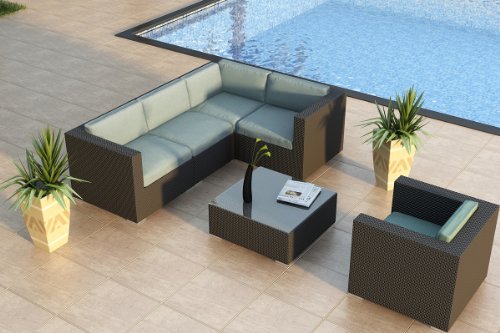 Urbana 5 Piece Modern Patio Sofa Sectional Set with Outdoor Wicker and Sunbrella Canvas Spa (5413-0000) Cushions