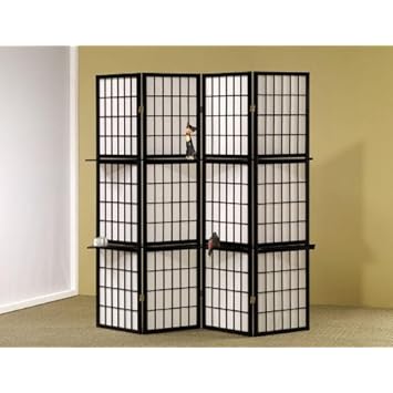 Room Divider Panel Folding Screen with Wood Shelves in Black Finish