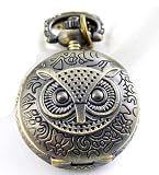 Owl Bronze Pocket Watch long Necklace vintage retro jewellery pendant Quartz, with velvet pouch