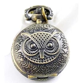 Owl Bronze Pocket Watch long Necklace vintage retro jewellery pendant Quartz