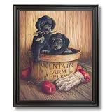 Country Apples Puppy Dogs Kids Room Kitchen Wall Picture Black Framed Art Print