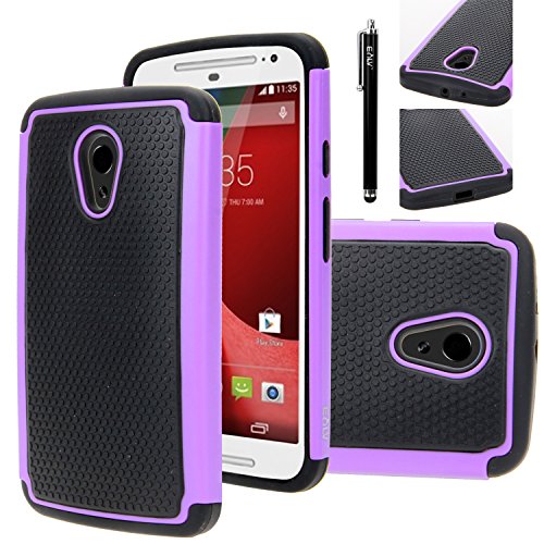 MOTO G Case, MOTO G (2ND GEN.) CASE, E LV Moto G Case Cover - Dual Layer Hybrid Armor Defender Protective Case Cover for Motorola Moto G (2014) with 1 Stylus and 1 Screen Protector - PURPLE