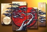 Asian Zen Decorative Landscape Tree Blossom Oil Painting Hand Painted Wall Art 4 Piece