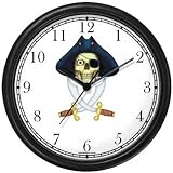 Skull with Eye Patch & Three Corner Hat & Crossed Swords - Pirate Theme - JP Wall Clock by WatchBuddy Timepieces (Black Frame)