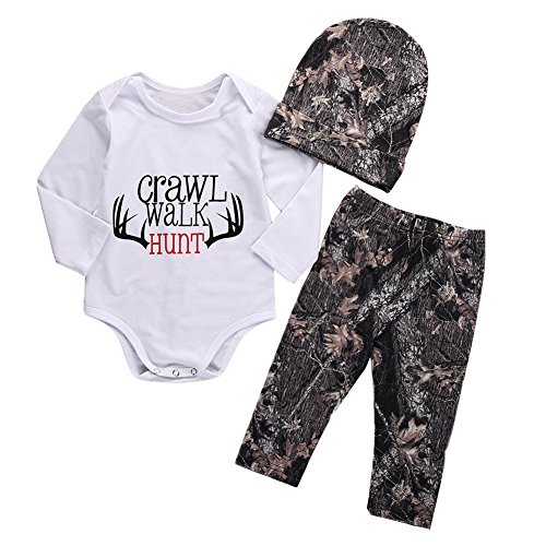 Baby Boys Crawl Walk Hunt Deer Horn Bodysuit and Pants Outfit with Hat