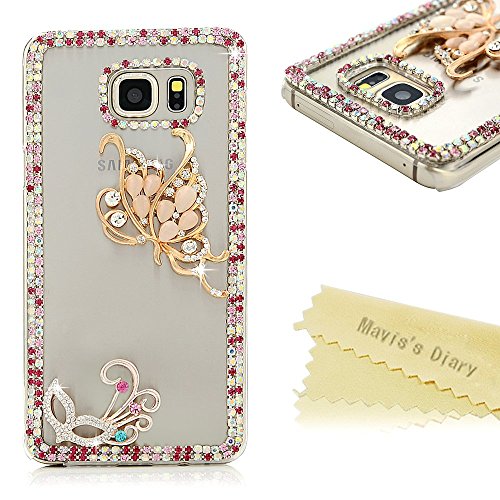 Note 5 Case,Galaxy Note 5 Case, Mavis's Diary® 3D Handmade Bling Crystal Champagne Opal Butterfly Special Mask with Colorful Shiny Diamonds Clear Cover Hard Case for Samsung Galaxy Note 5 &amp;Clean Cloth