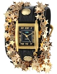 La Mer Collections Womens LMCW6003 Black Gold Sparkling Stars Gold Square Case Black Dial 14k Gold-Plated Star Chains Watch