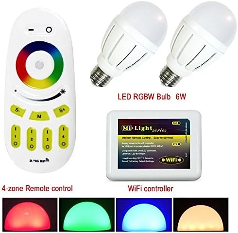 2PCS 2.4G 6W RGB White LED Light Bulb Lamp + 1PC 4-Zone RGBW Remote Control + 1PC WiFi Controller for Smartphone Iphone Android
