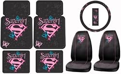 Supergirl Stars & Butterflies 7pc Combo Set Front & Rear Floor Mats, Seat Covers & Steering Wheel Cover Plus Bonus Matching Decal