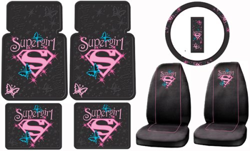 Supergirl Stars & Butterflies 7pc Combo Set Front & Rear Floor Mats, Seat Covers & Steering Wheel Cover Plus Bonus Matching Decal