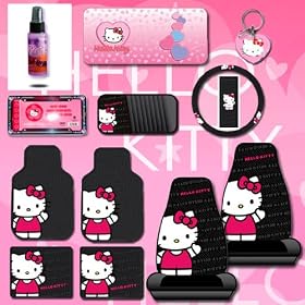 New Design 12 Pieces Hello Kitty Car Seat Cover with 4 Rubber Mats, License Plate Frame, CD Visor Organizer, Steering Wheel Cover, Large Size Sunshade, Key chain and Purple Slice Set