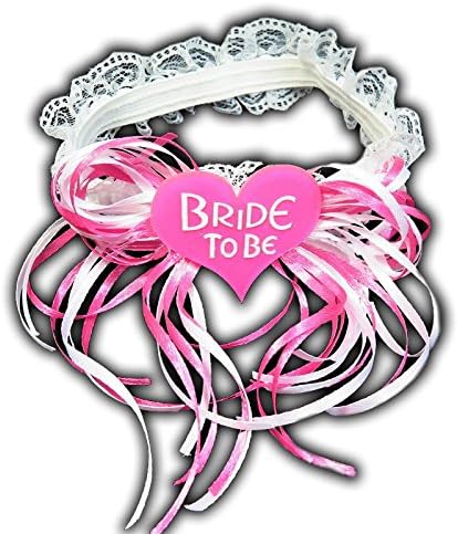 Bachelorette Party Bride to Be Garter - Pink Sparkling Heart on White Garter with Dark Pink & White Ribbon Strands