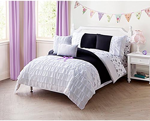 Teen Girls Ruffled Black White Comforter Bedding Set with Sheets and Decorative Pillows (Full/queen) Includes Scented Candle Tarts