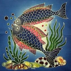 Two Fish Ocean Sea Indonesian Hand Dyed Batik Fabric Panel