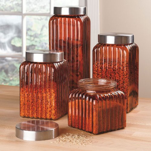 Brylane Home Set Of 4 Ribbed Glass Canisters (ORANGE,0)