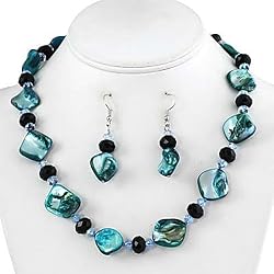Blue-Green Faux Shell and Crystal Necklace and Earrings Set Fashion Jewelry