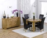 Solid Oak Round Dining Table with 4 Black Leather Chairs and Sideboard