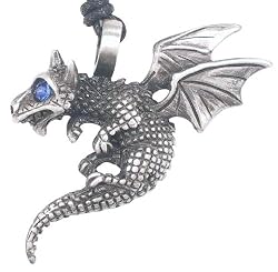 Blue Crystal Eye Dragon Whelp Pewter Pendant Necklace