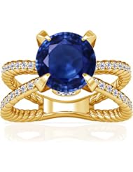 14K Yellow Gold Round Cut Blue Sapphire Fana Designer Ring (GIA Certificate)