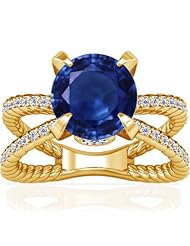 18K Yellow Gold Round Cut Blue Sapphire Fana Designer Ring (GIA Certificate)