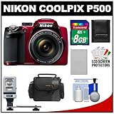 Nikon Coolpix P500 12.1 MP Digital Camera (Red) with 8GB Card + Battery + C ....