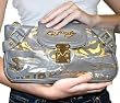 ED HARDY by Christian Audigier Tiara Tattoo Gold Wristlet Clutch Purse Handbag Bag Grey