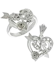 Sterling Silver LOVE MOM w/ Cupids Bow & Rose Heart Ring & Pendant Set CZ Stones Rhodium Finished